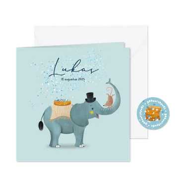 Geboortekaartje olifant met beschuit met muisjes
